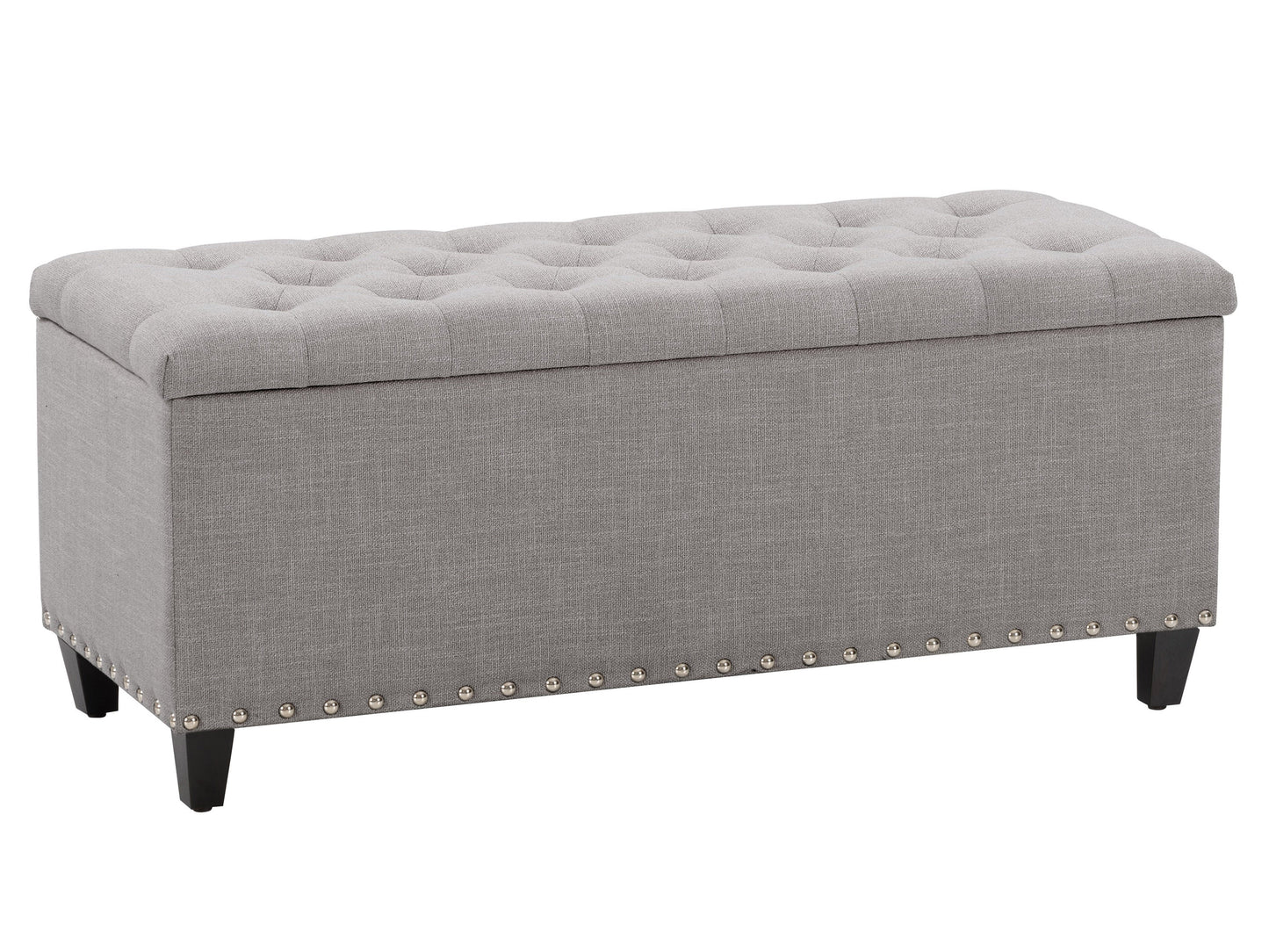 Light grey tufted storage ottoman with wooden legs and a modern minimalist design.