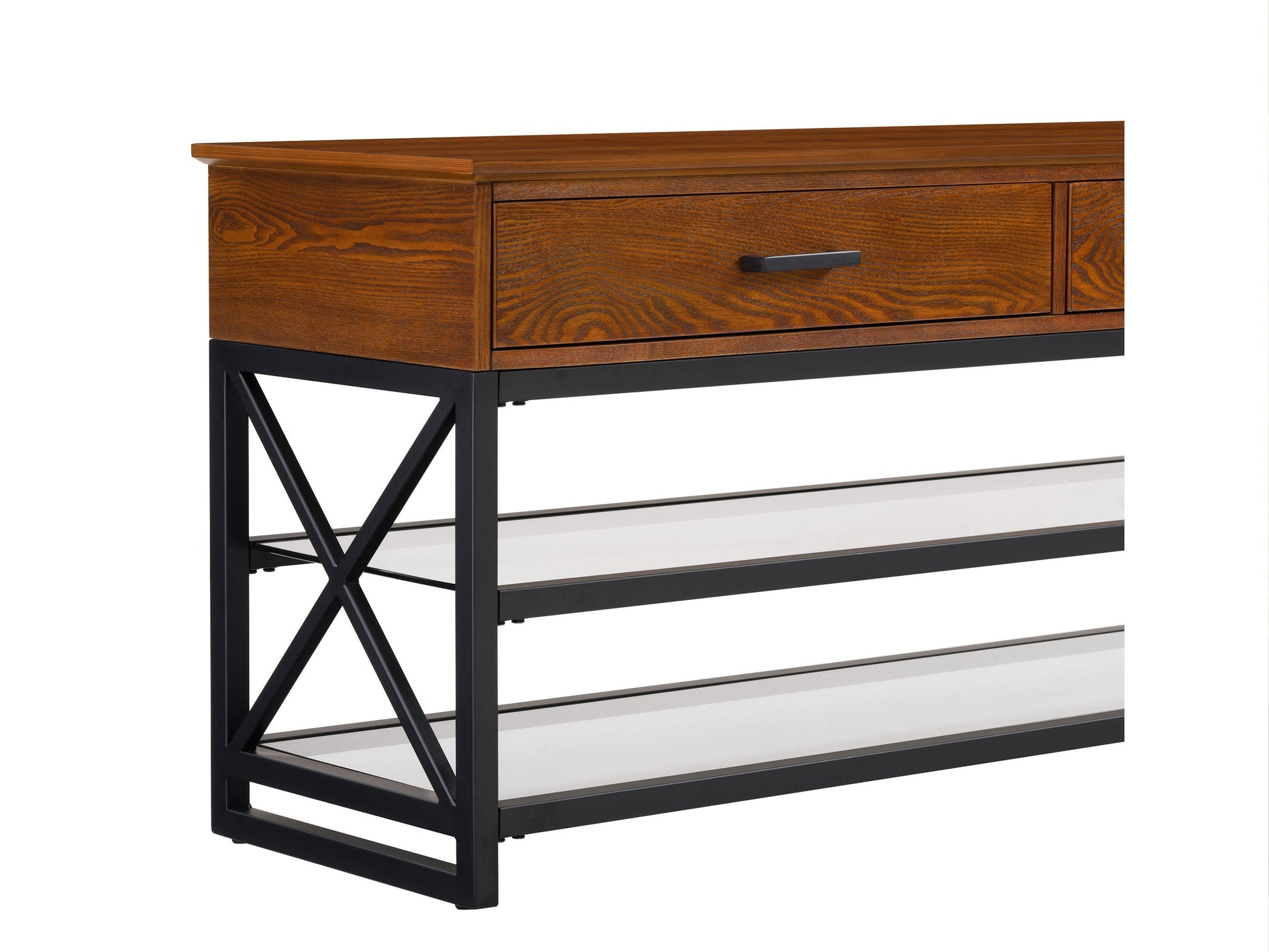 Cherry brown TV stand for TVs up to 95 inches, with storage shelves and a sleek modern design.