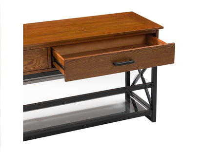 Cherry brown TV stand for 95" TVs, featuring sleek design, ample storage, and durable wood construction.