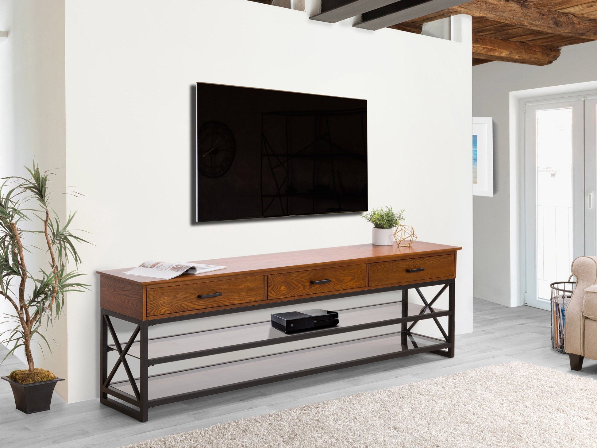 Cherry brown TV stand for TVs up to 95", featuring a sleek design with ample storage space and durable construction.