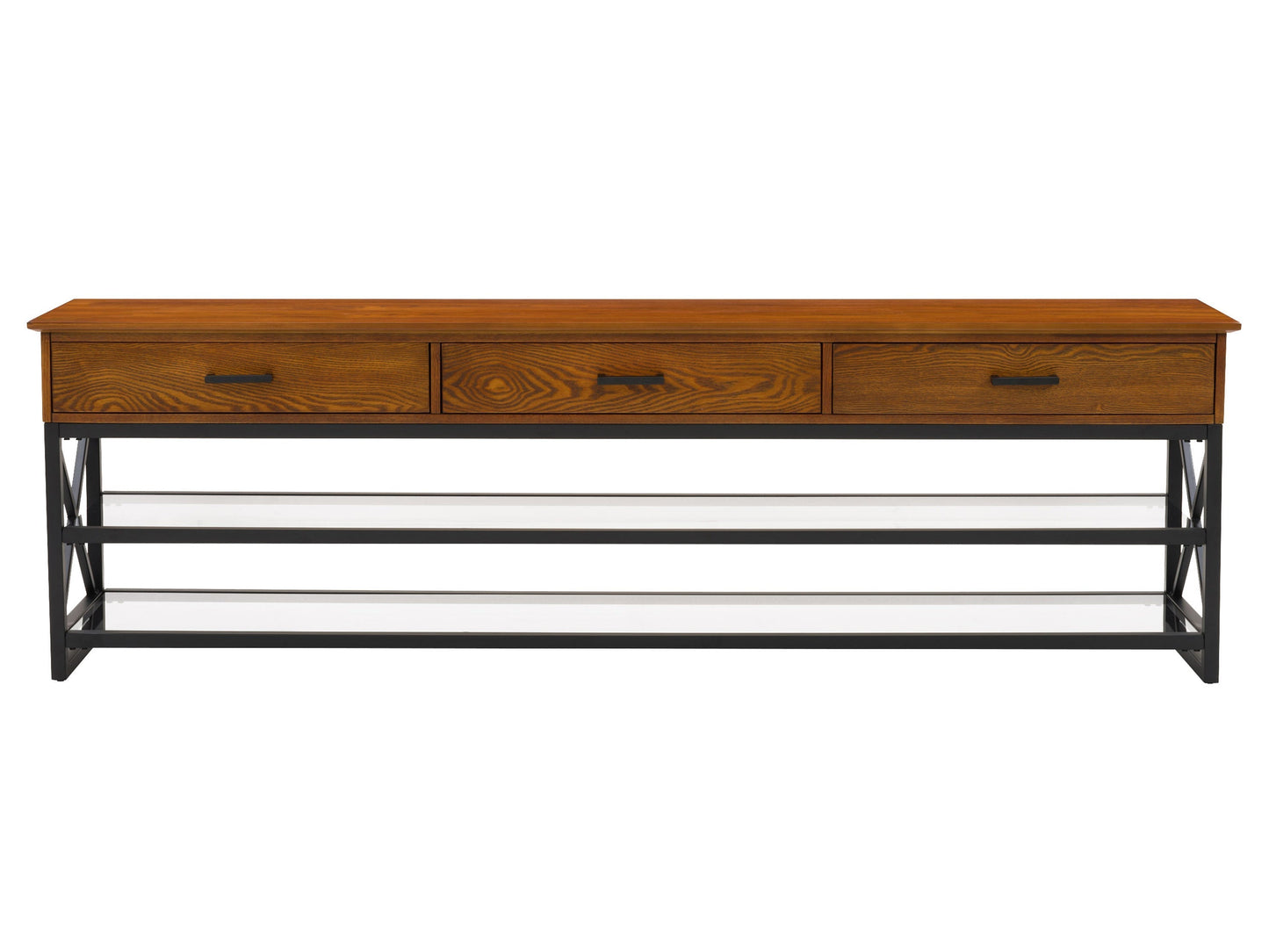 Cherry brown TV stand for TVs up to 95", sleek wooden design with multiple storage compartments and cable management.