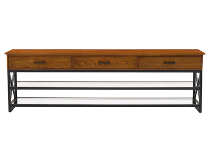 Cherry brown TV stand for TVs up to 95", sleek wooden design with multiple storage compartments and cable management.