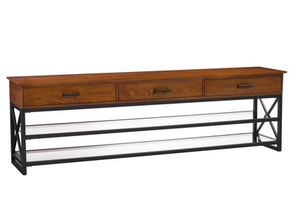 Cherry brown TV stand with open shelving and two cabinets, designed for TVs up to 95 inches, featuring a sleek wooden finish and modern design.