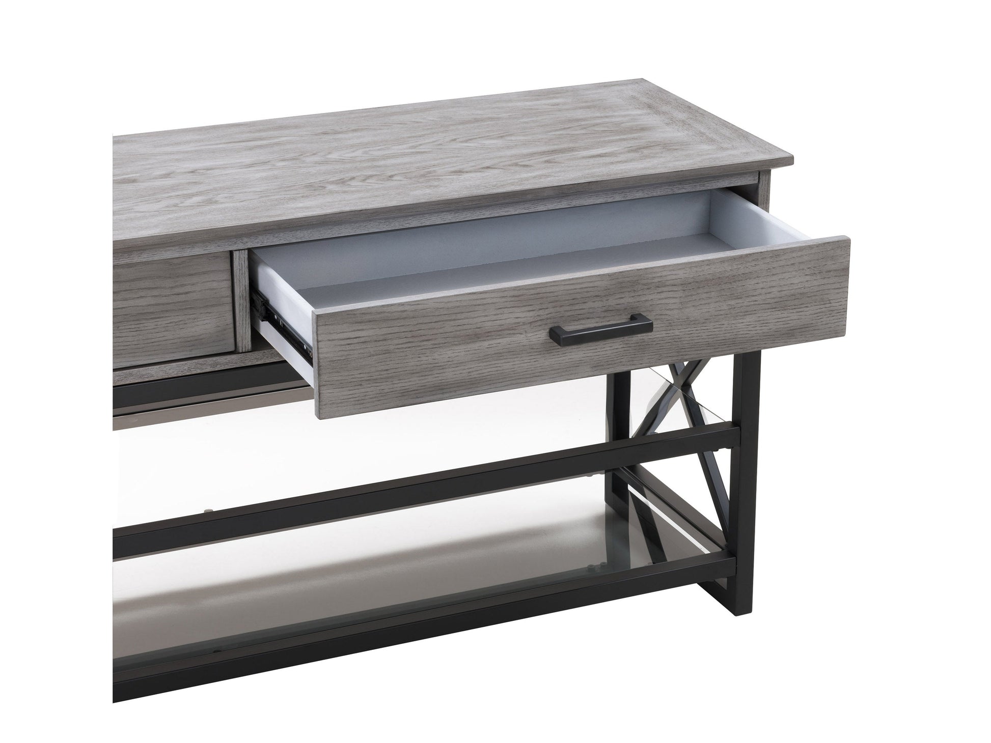 Grey TV stand for 95" TVs with sleek design, ample storage, and modern metal legs.