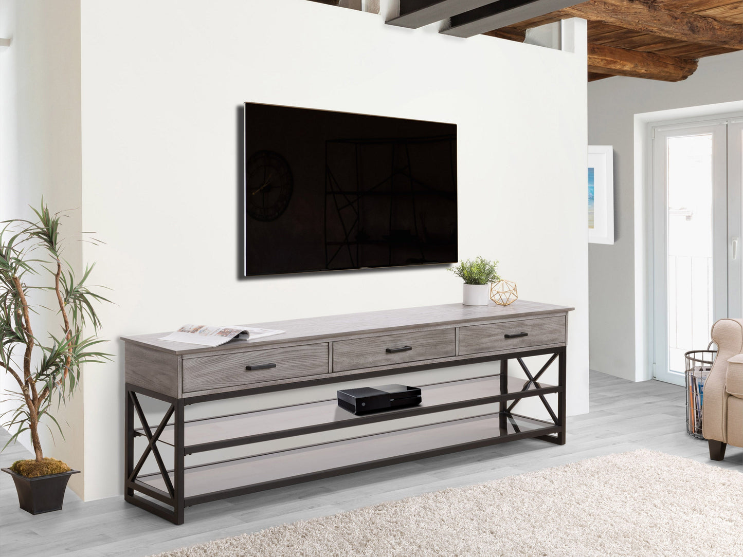 Grey TV stand for TVs up to 95" with sleek design, ample storage, and sturdy wooden construction.