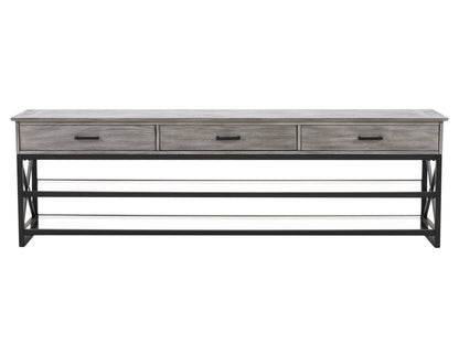 Grey TV stand for up to 95" TVs, featuring a minimalist design, sleek lines, and ample storage space.