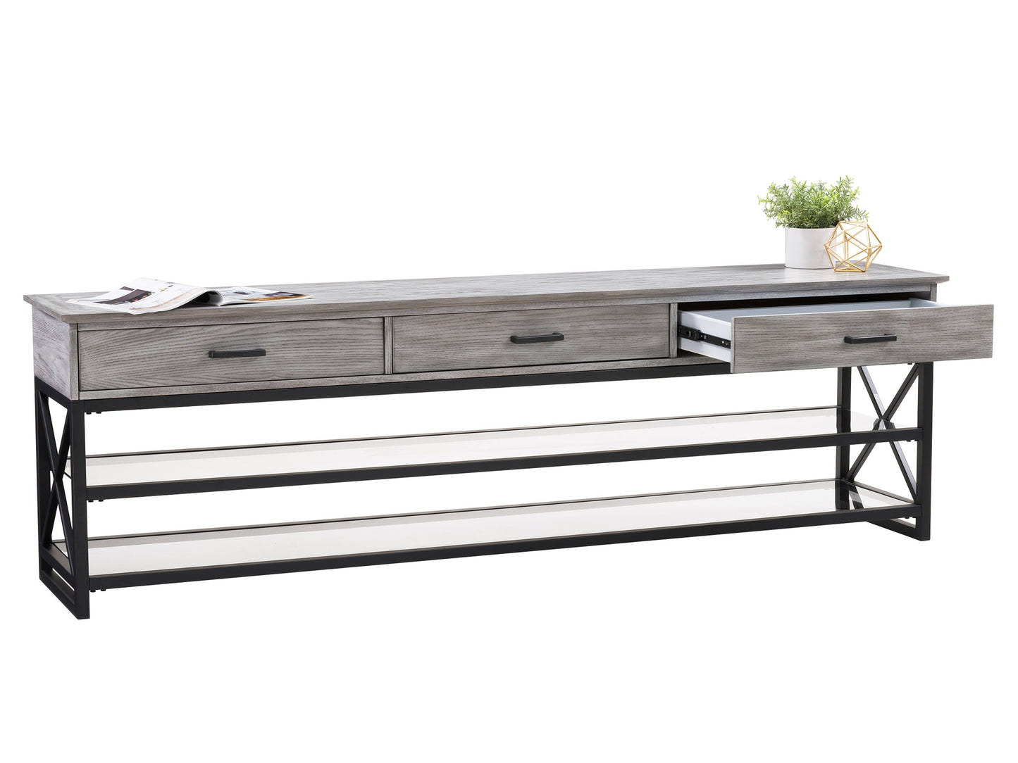 Grey TV stand for TVs up to 95 inches with storage shelves and sleek minimalist design.