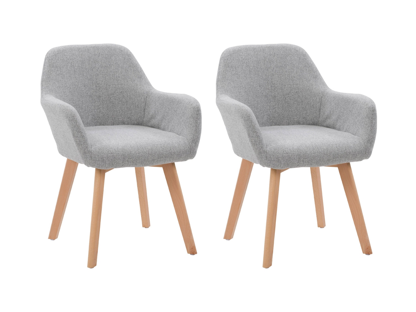 Light grey dining chairs set of 2 with wooden legs, fabric upholstery, and cushioned seats for modern dining rooms.