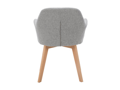 Set of 2 light grey fabric dining chairs with wooden legs and tufted backrest.