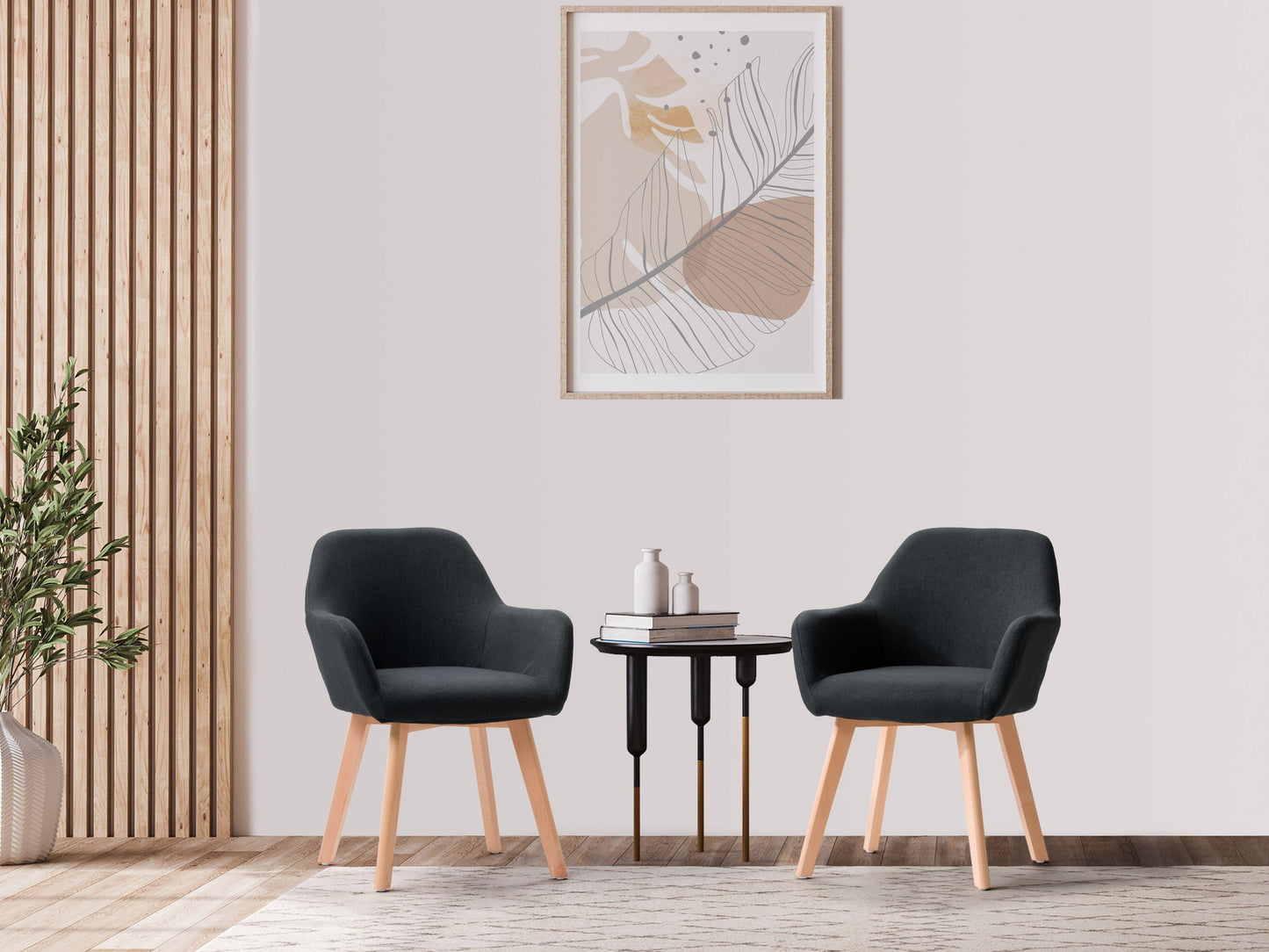 Dark grey fabric dining chairs with tufted backs, wooden legs, and modern design, set of 2.