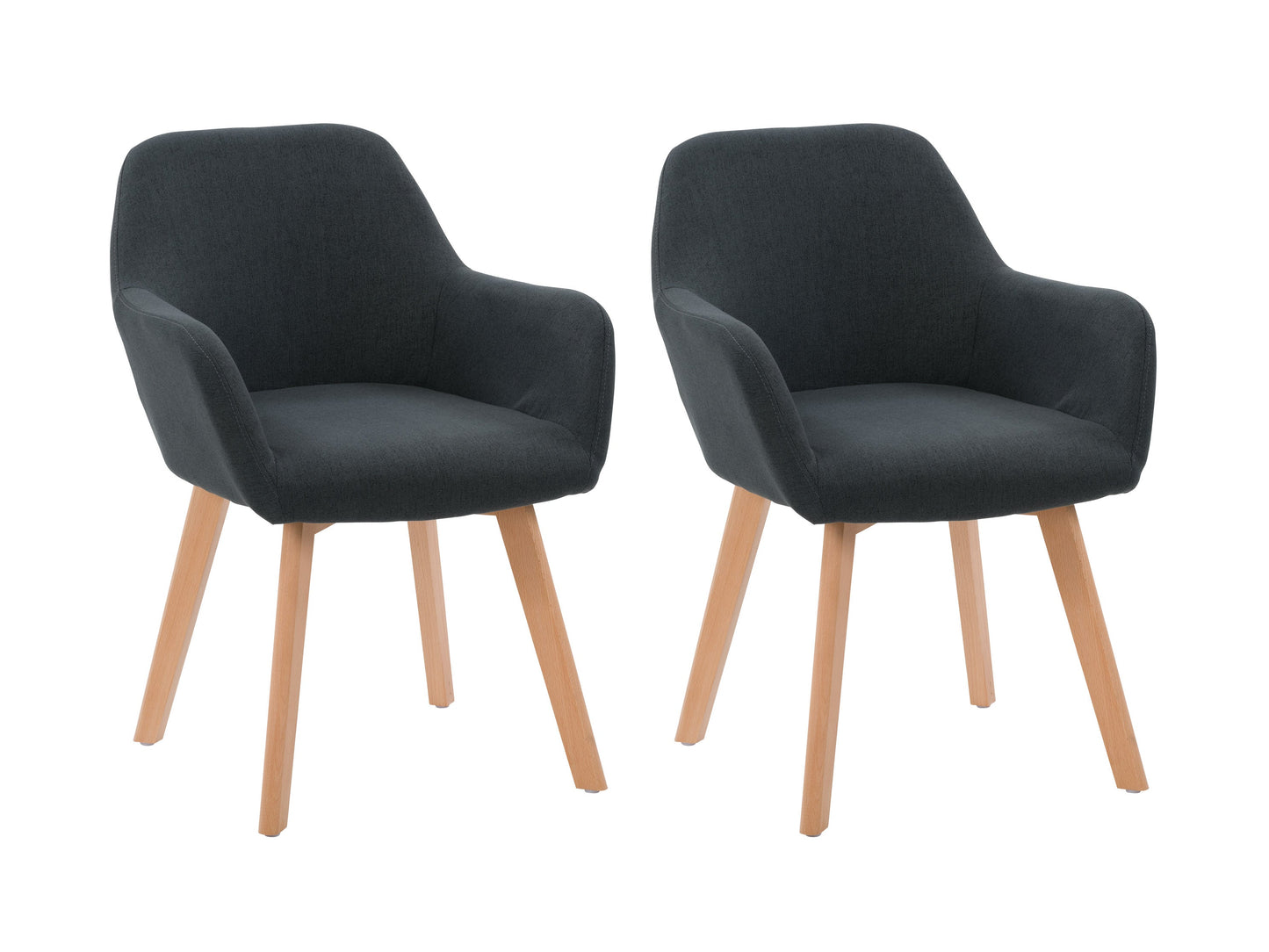 Dark grey fabric dining chairs, set of 2, with wooden legs and tufted cushions, perfect for modern dining rooms.