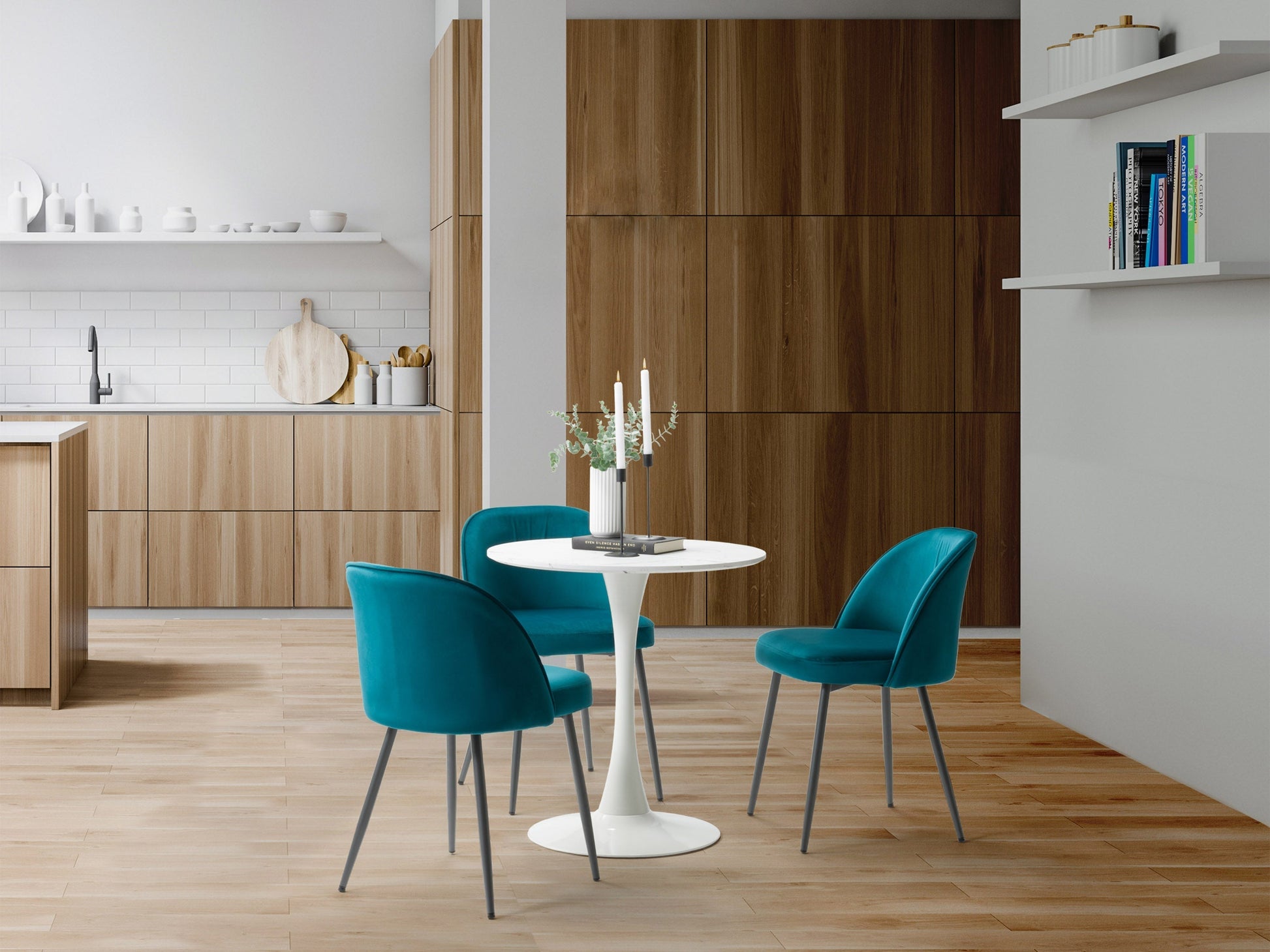 Teal 4-piece bistro dining set with round table, cushioned chairs, and metal frames, perfect for small spaces.