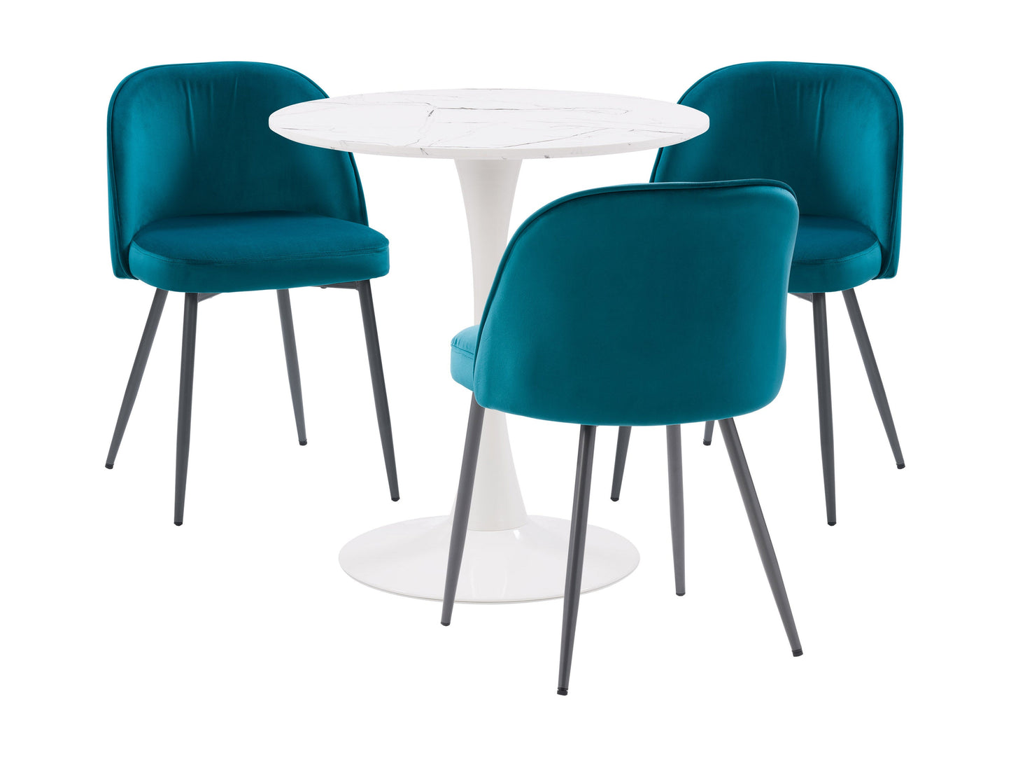 Teal 4 piece bistro dining set with round table, metal frame, and cushioned chairs.