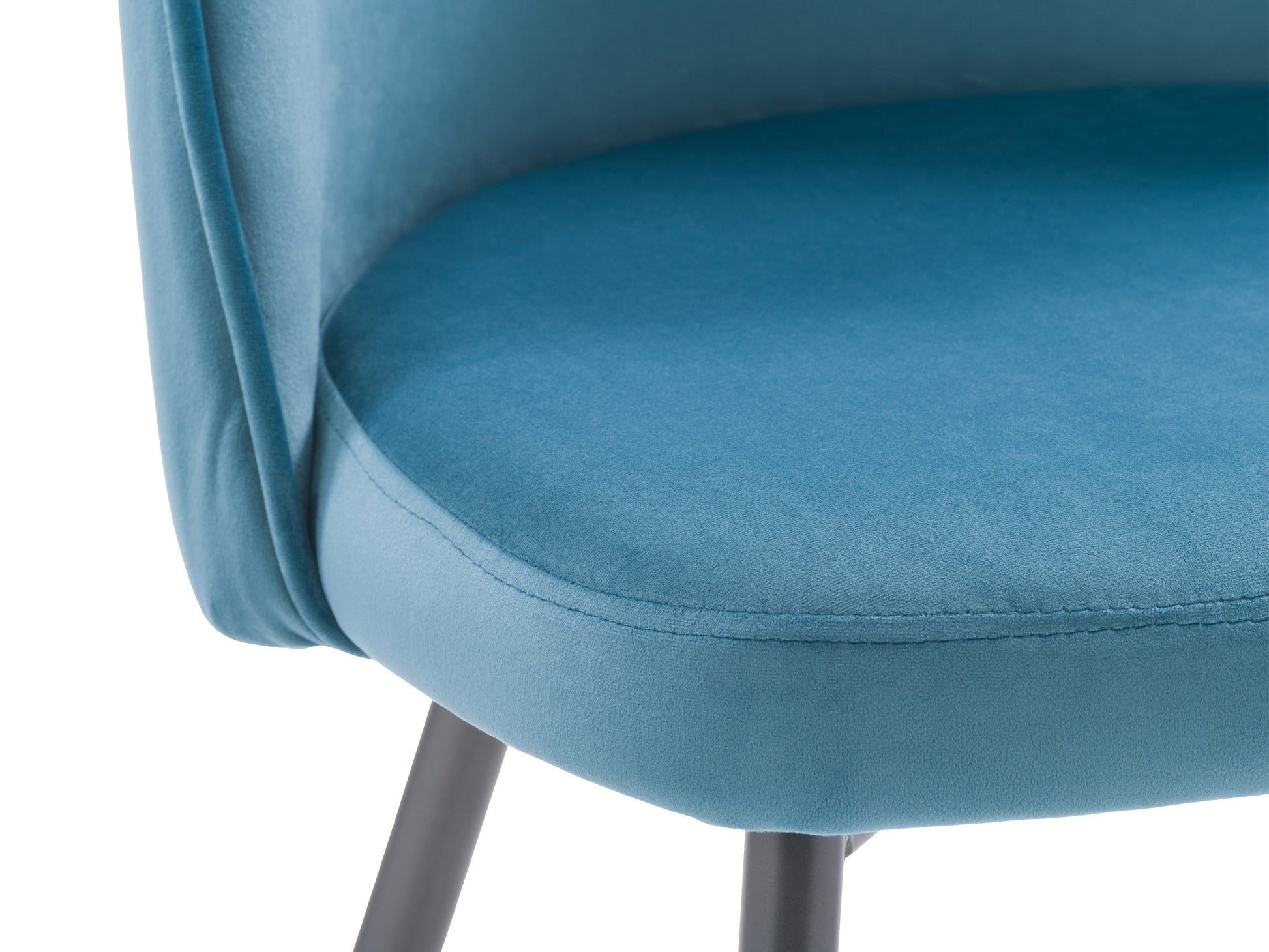 Blue velvet dining chair with gold metal legs, tufted backrest, and modern design.