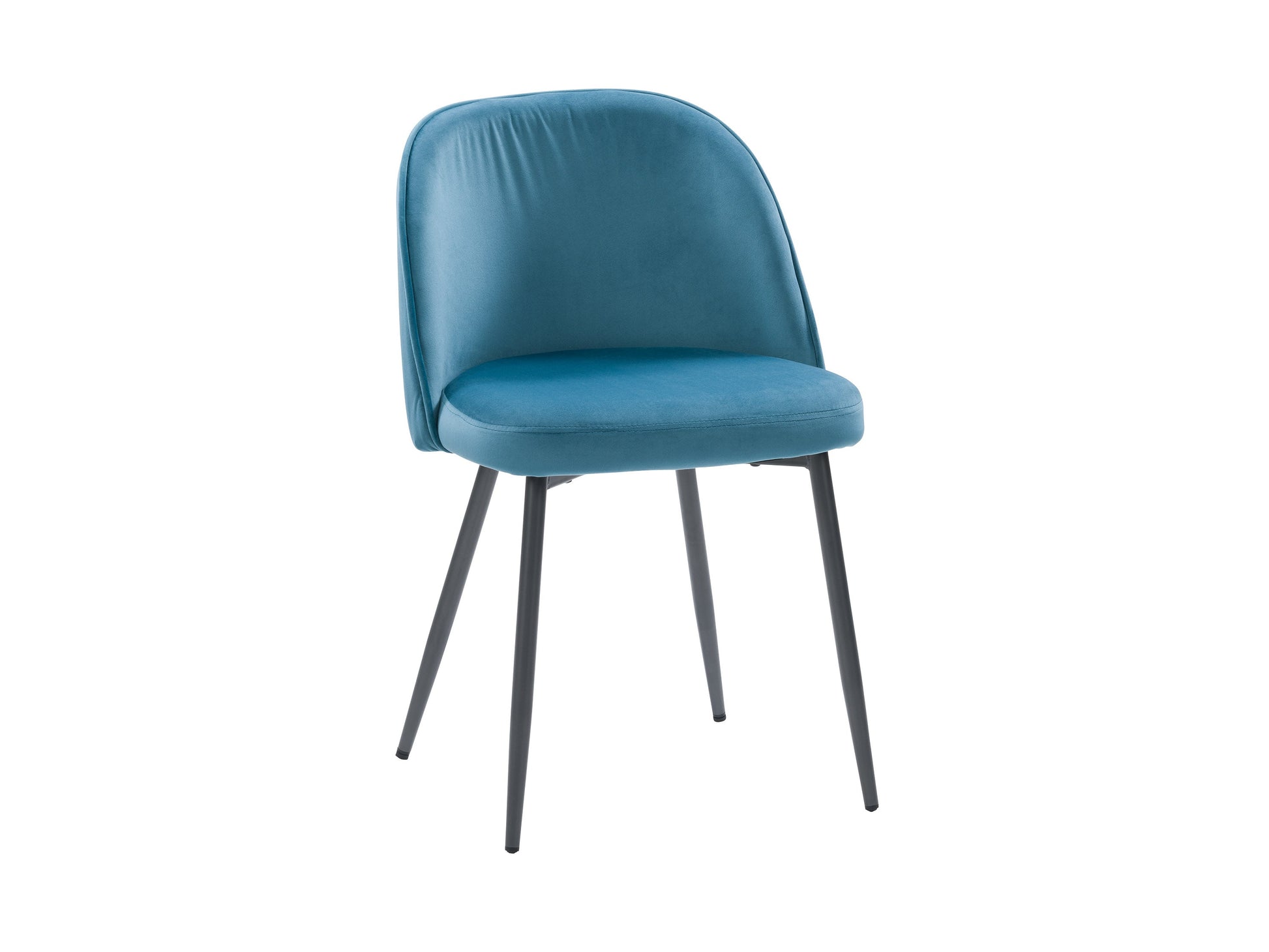 Blue velvet dining chair with gold metal legs, tufted backrest, and modern design.