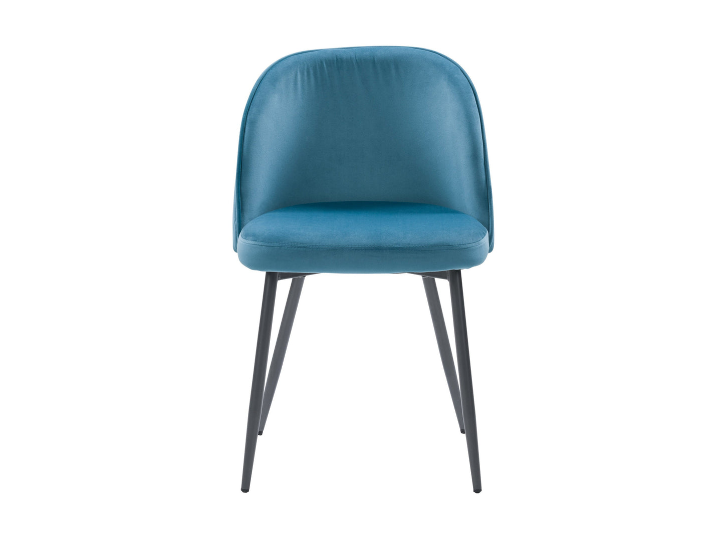 Blue velvet dining chair with sleek black metal legs, modern design, and tufted backrest.