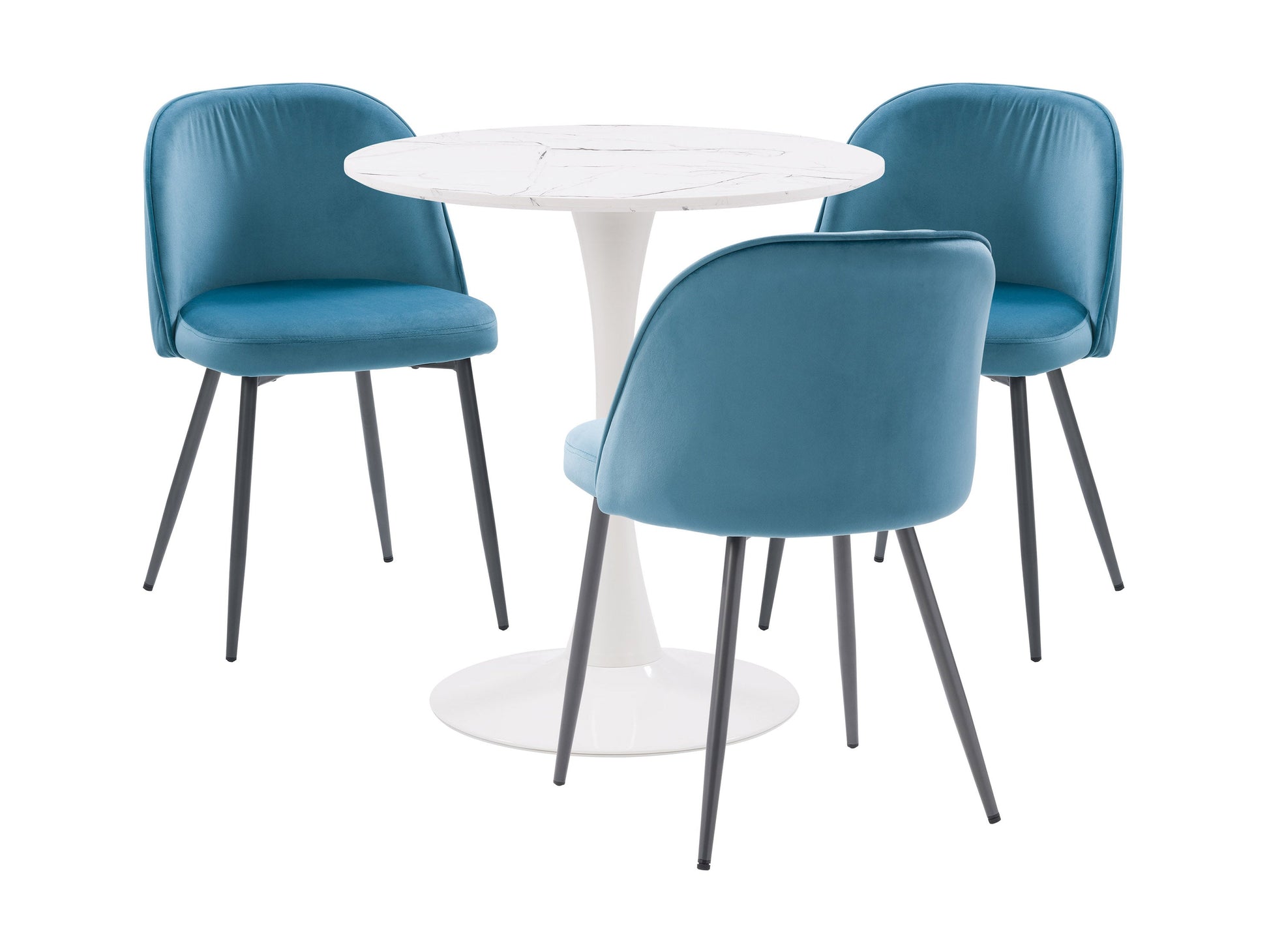 Blue 4-piece bistro dining set with round table, metal frame, and cushioned chairs for modern small spaces.