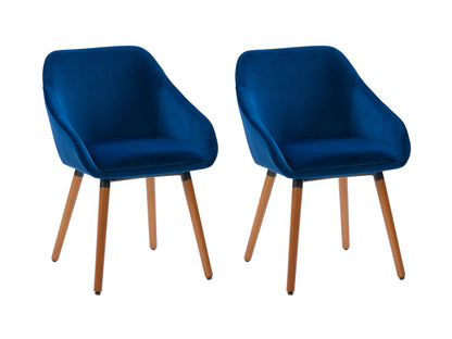 Navy blue velvet dining chairs set with gold metal legs, tufted backrest, and modern design.