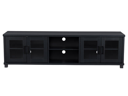 Black TV stand for up to 95" TVs, featuring a sleek design with open shelves and cable management.