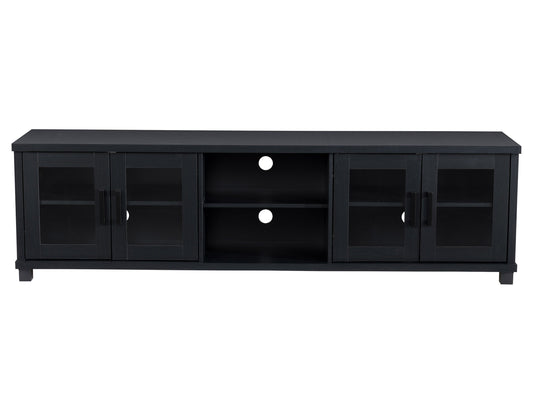 Black TV stand for up to 95" TVs, featuring a sleek design with open shelves and cable management.