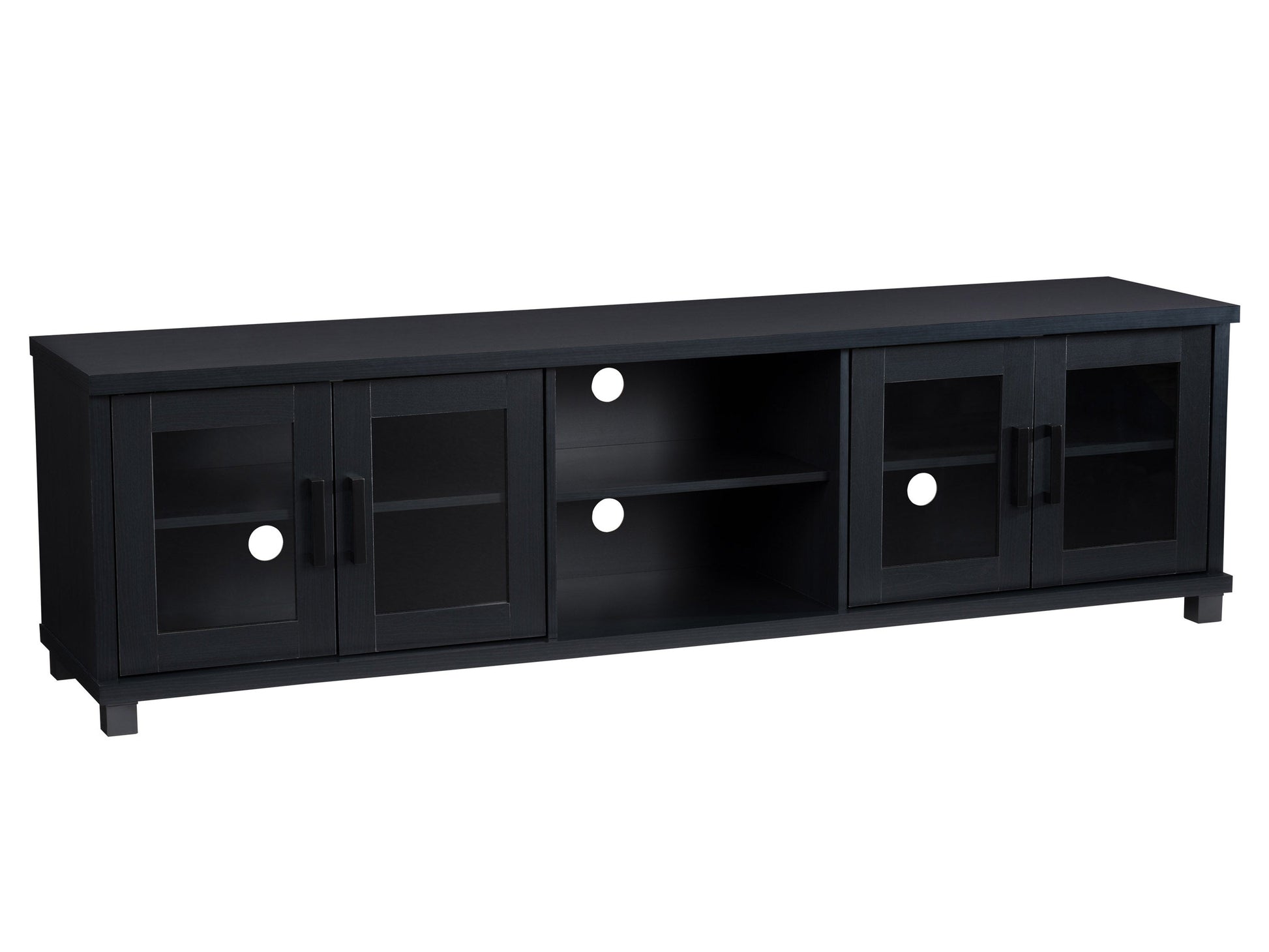 Black TV stand for up to 95" TVs, sleek design with open shelving and cable management features.