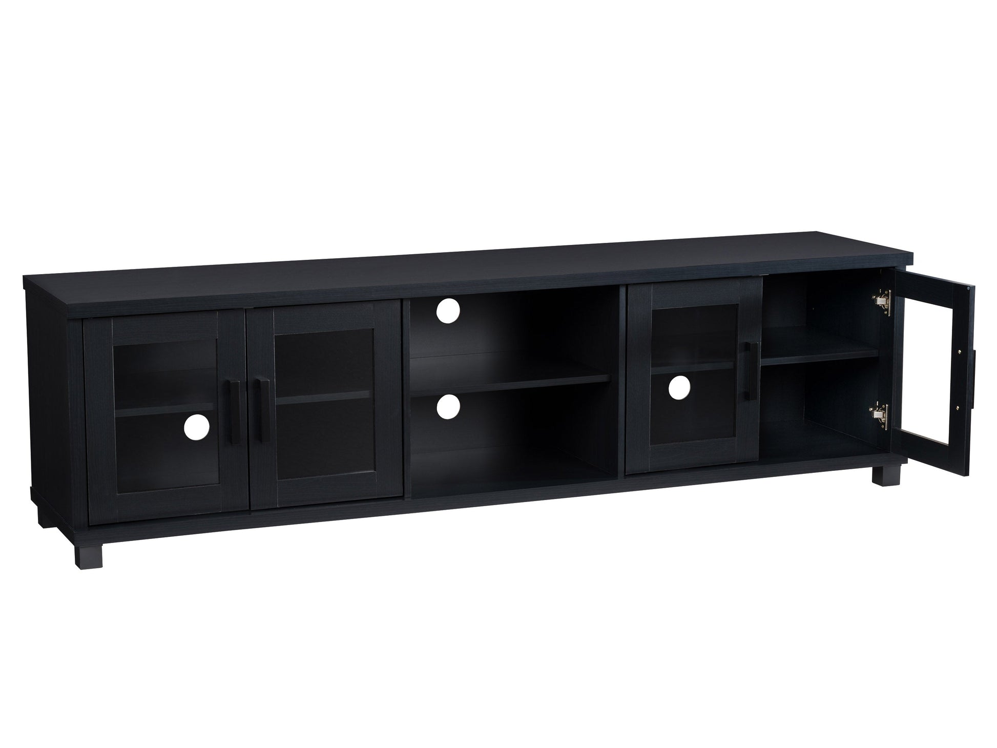 Black TV stand for up to 95" TVs with sleek design, open shelves, and sturdy construction.