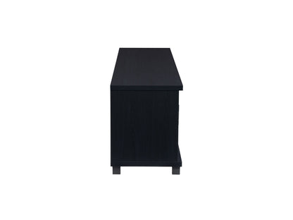 Black TV stand for up to 95" TVs, sleek design with storage shelves and cable management.