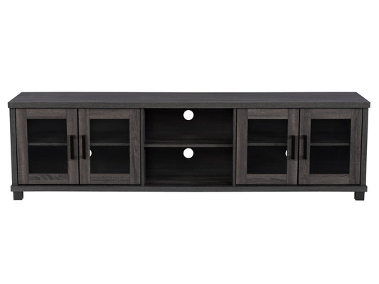 Dark grey TV stand for up to 95" TVs with sleek design, ample storage, and sturdy wooden construction.