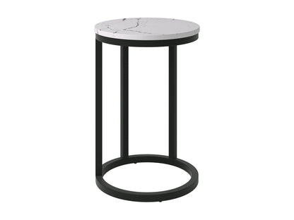 White marble round side table with gold metal frame, sleek modern design, and elegant finish.