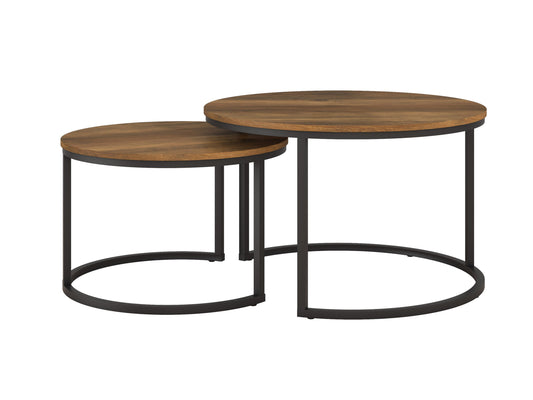 Round nesting coffee tables, brown wood tops, black metal legs, modern design, space-saving, living room furniture.