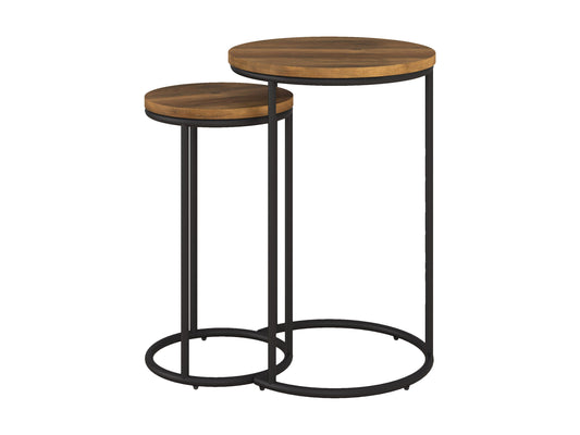 Round nesting side tables, brown wood tops, black metal legs, modern minimalist design.