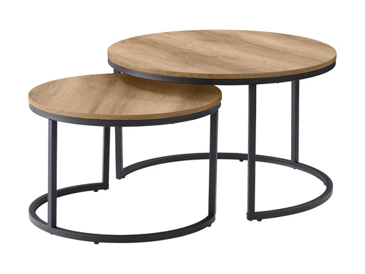 Round nesting coffee tables in light wood with sleek black metal legs and a modern minimalist design.