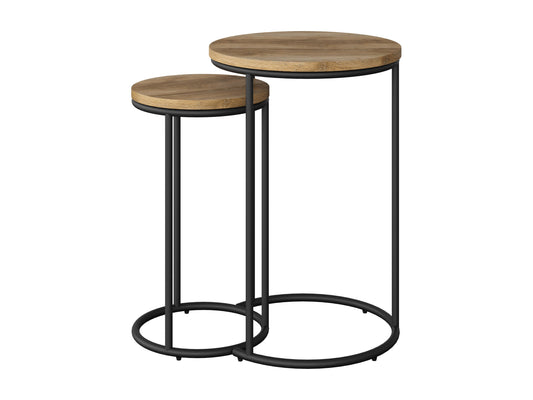 Light wood round nesting side tables with metal legs and minimalist design.