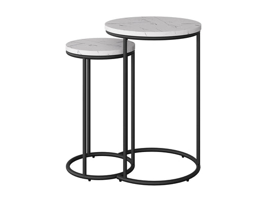 White marble round nesting side tables with gold metal frame, modern design, versatile home decor.