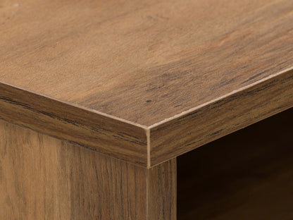 Mid-century modern desk with brown wood top, black metal legs, and minimalist design.