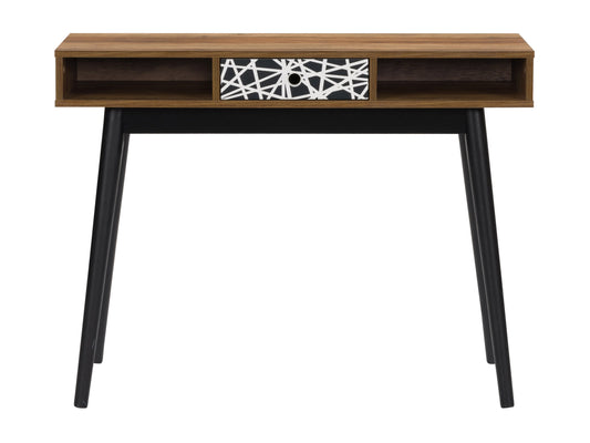 Mid century modern desk with brown wood top, black metal legs, and sleek minimalist design.