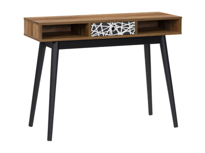 Mid-century modern desk with brown wooden top and black metal legs, featuring a minimalist design and sleek finish.