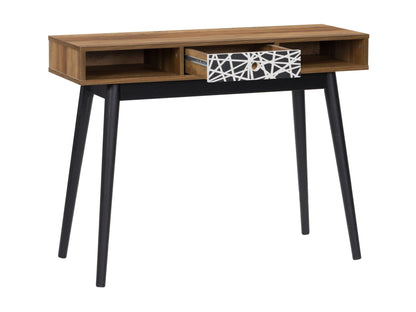 Mid-century modern desk with brown wood surface, black metal legs, and minimalist design.