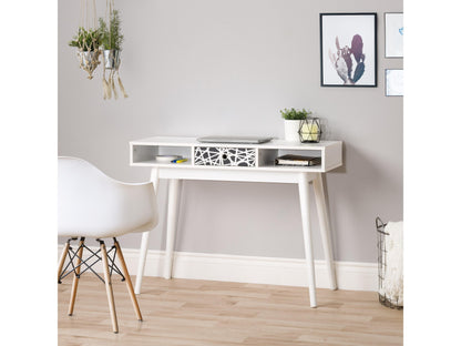 Mid-century modern desk with white top, black metal legs, and minimalist design, perfect for home office or study.