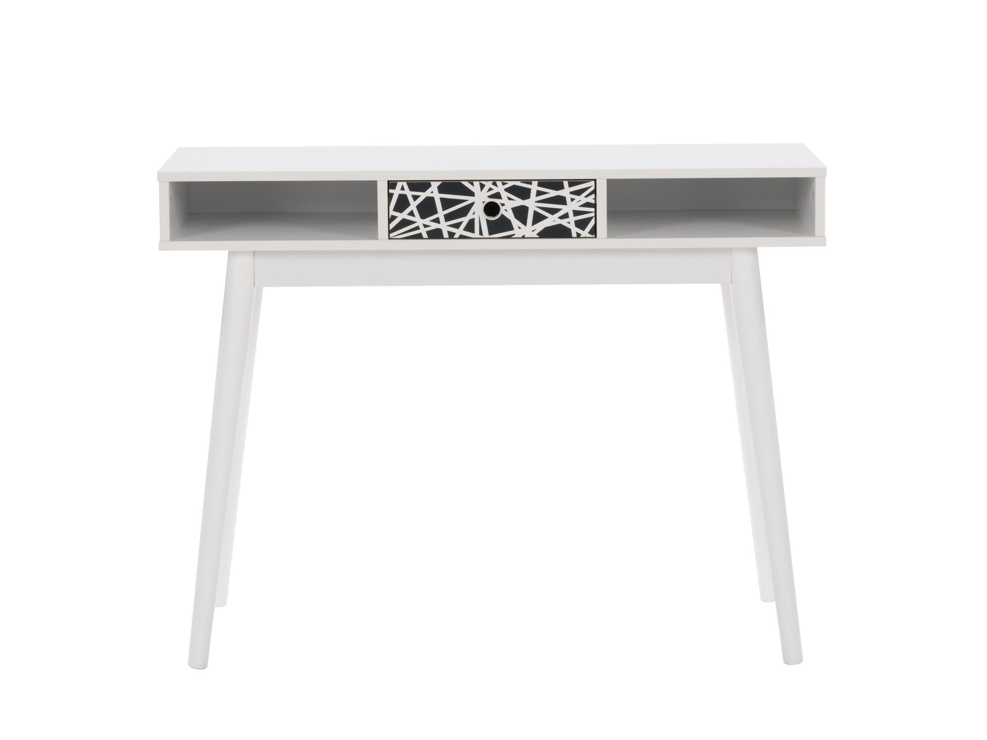 Mid-century modern white and black desk with sleek lines, spacious surface, and minimalist design.