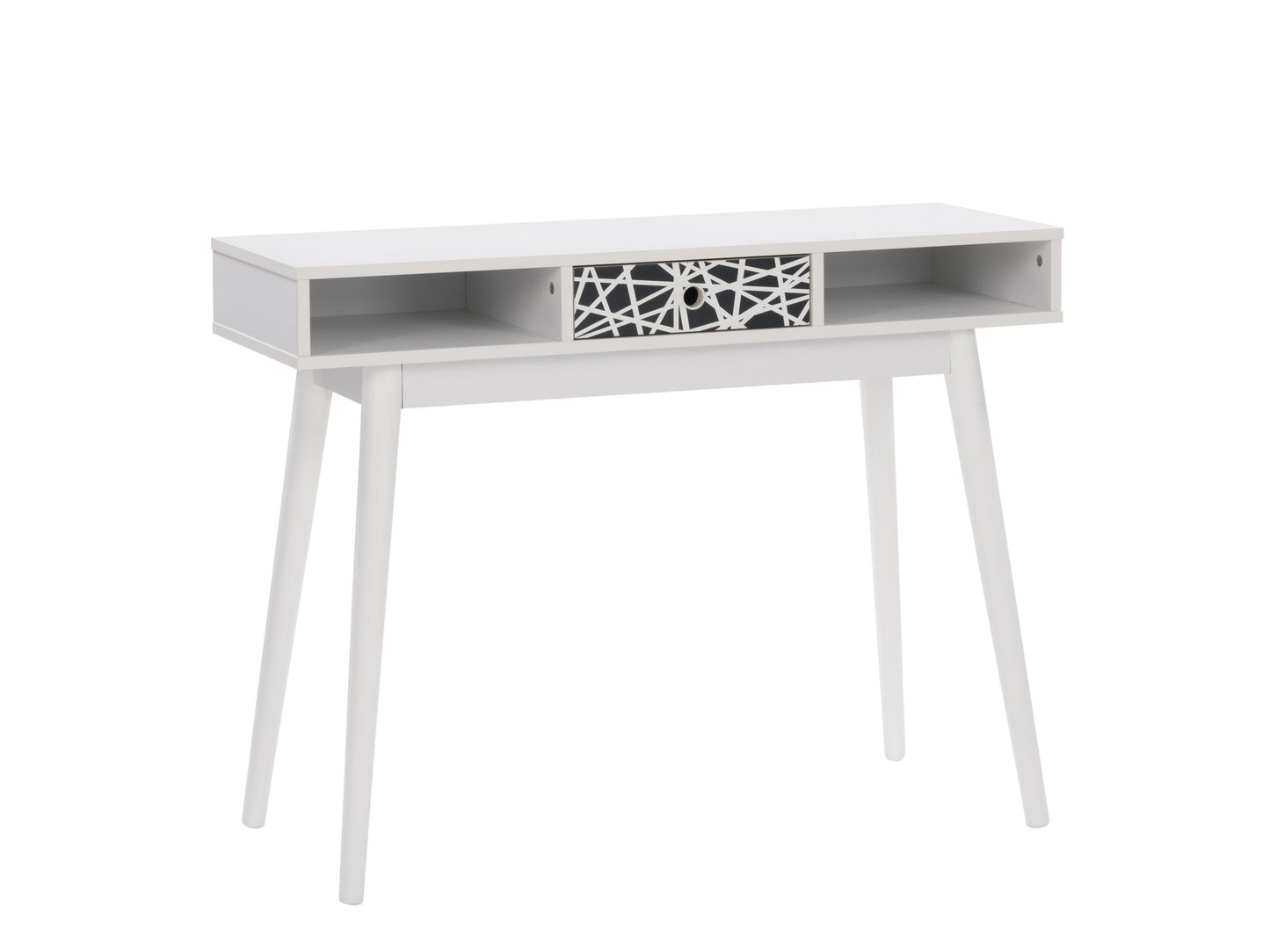 Mid-century modern desk with white top, black metal legs, and minimalist design.