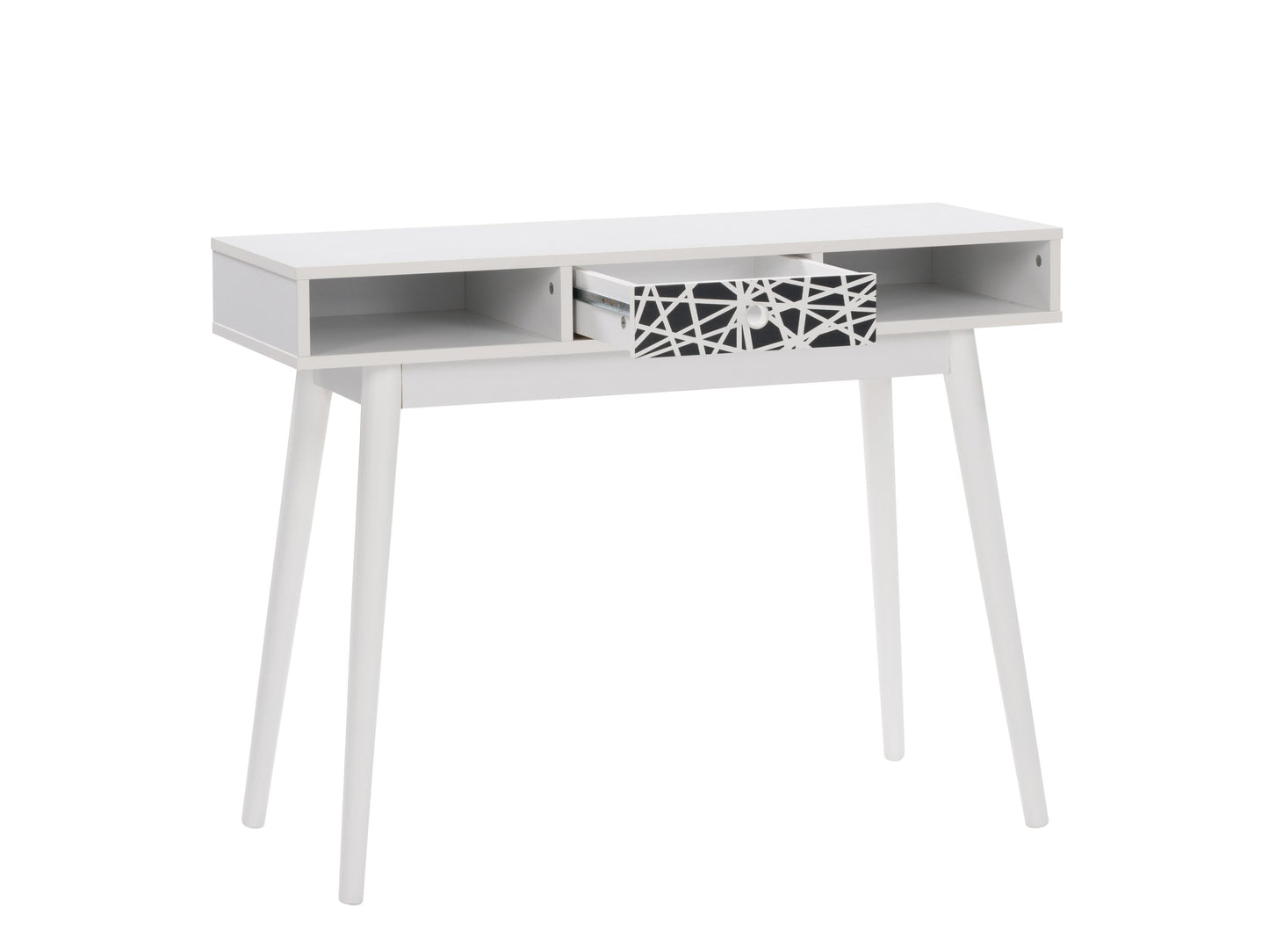 Mid-century modern white and black desk with sleek lines, wooden legs, and spacious surface.