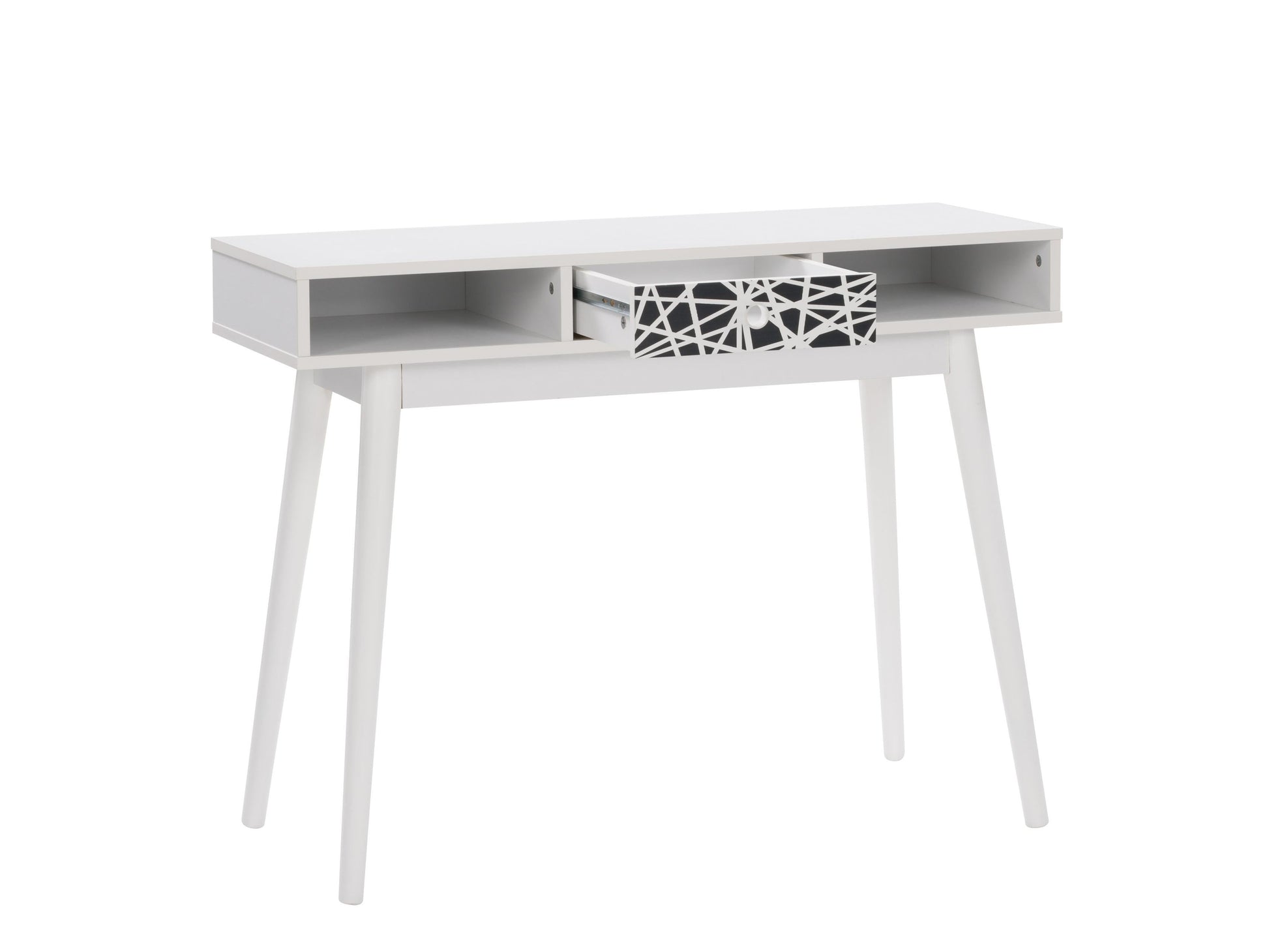 Mid-century modern white and black desk with sleek lines, wooden legs, and spacious surface.