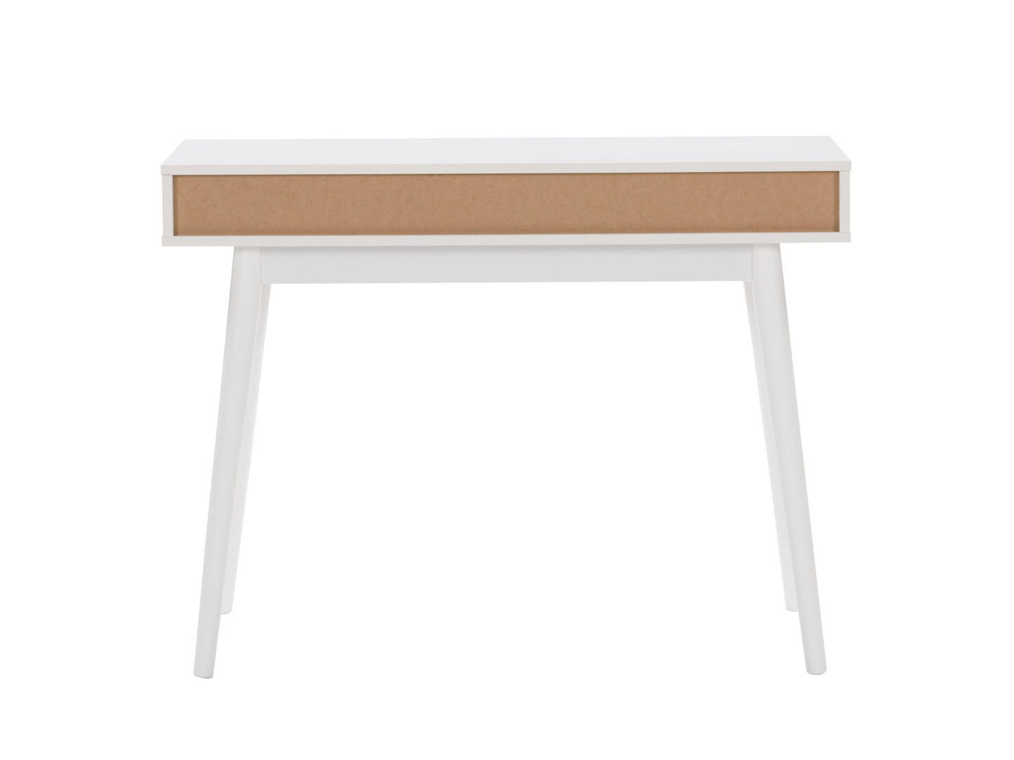 Mid-century modern white and black desk with sleek lines, wood accents, and minimalist design.