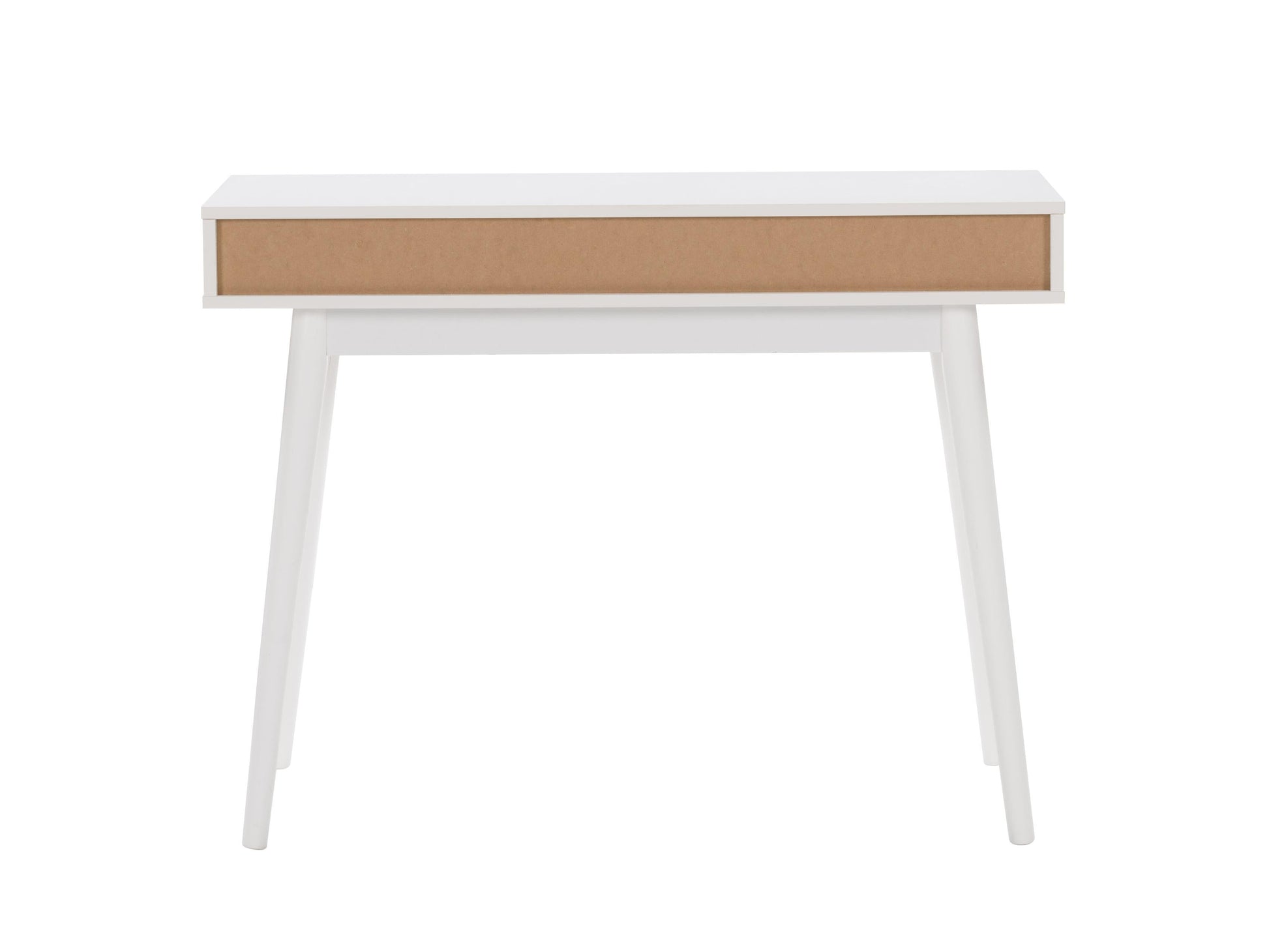 Mid-century modern white and black desk with sleek lines, wood accents, and minimalist design.