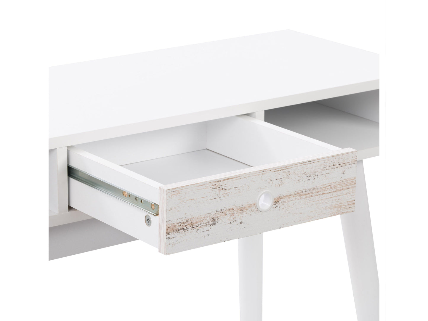 White mid-century desk with wooden legs, minimalist design, and smooth finish.