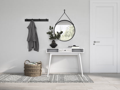 Mid-century white desk with wooden legs, minimalist design, perfect for home office or study.