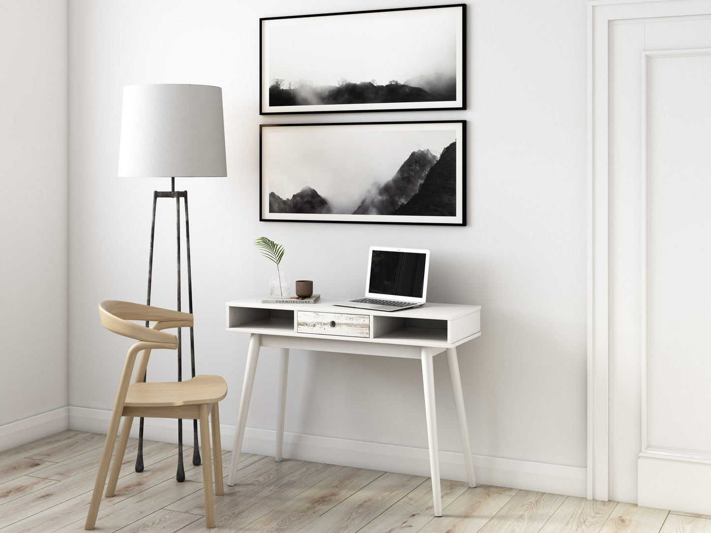 Mid-century white desk with sleek wooden legs, minimalist design, and spacious surface for home office or study.