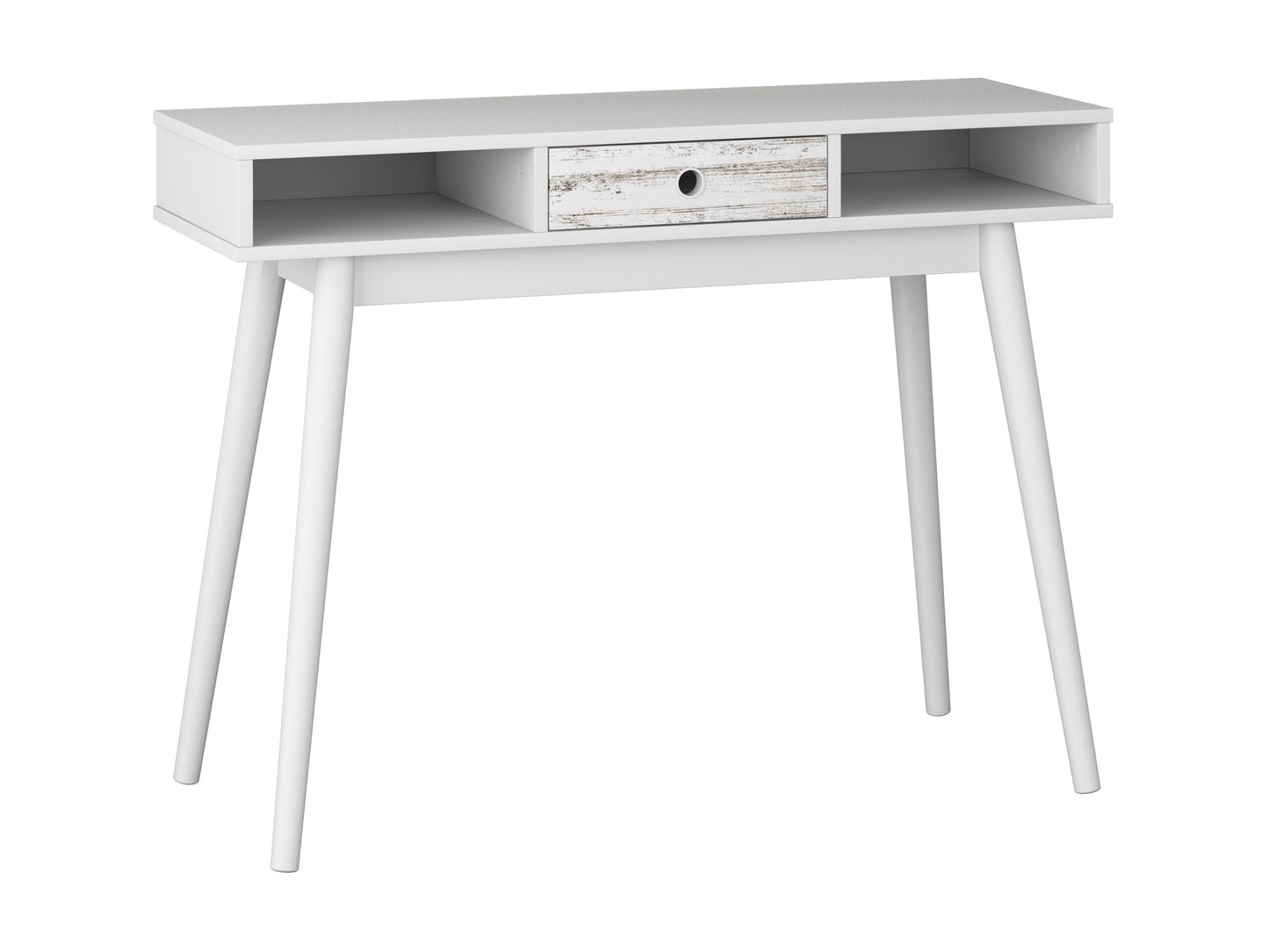 Mid-century white desk with sleek wooden legs and minimalist design, perfect for modern home office setups.