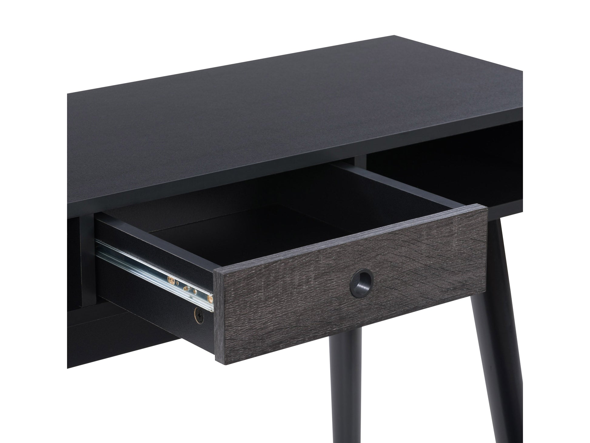 Mid-century black desk with sleek wooden legs, minimalist design, and spacious surface.